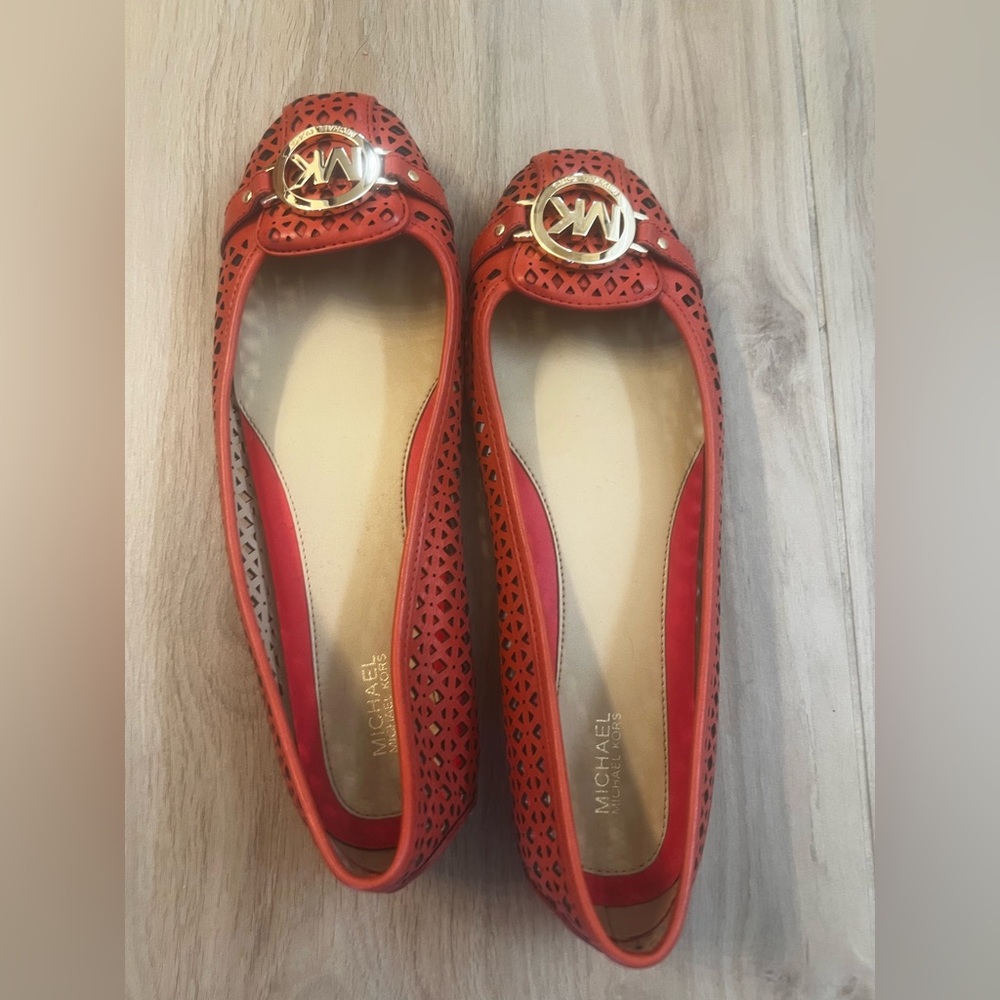 Michael Kors Coral-Red Perforated Leather Ballet Flats with Gold MK Emblem